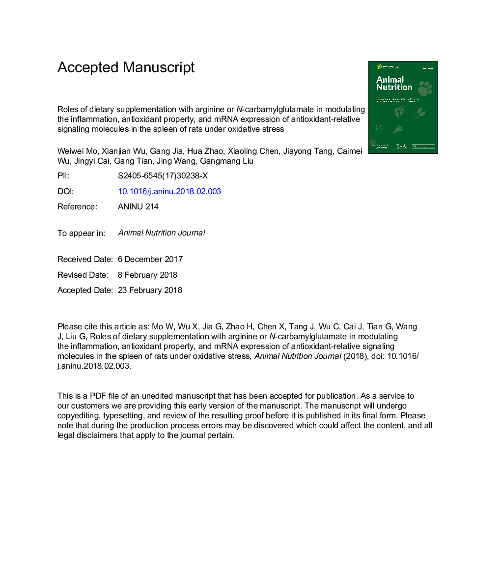 Roles of dietary supplementation with arginine or N-carbamylglutamate in modulating the inflammation, antioxidant property, and mRNA expression of antioxidant-relative signaling molecules in the spleen of rats under oxidative stress