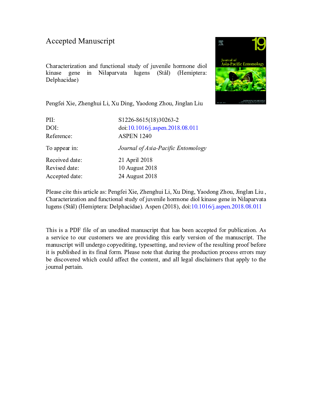 Characterization and functional study of juvenile hormone diol kinase gene in Nilaparvata lugens (StÃ¥l) (Hemiptera: Delphacidae)