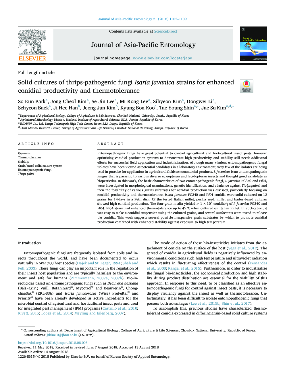 Solid cultures of thrips-pathogenic fungi Isaria javanica strains for enhanced conidial productivity and thermotolerance