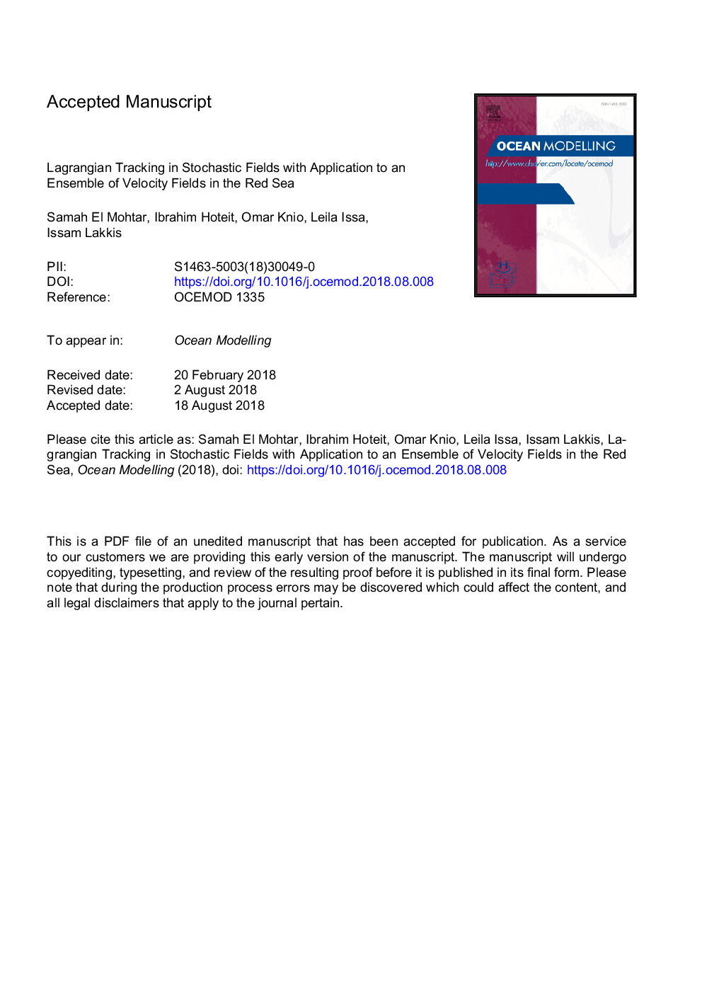 Lagrangian tracking in stochastic fields with application to an ensemble of velocity fields in the Red Sea