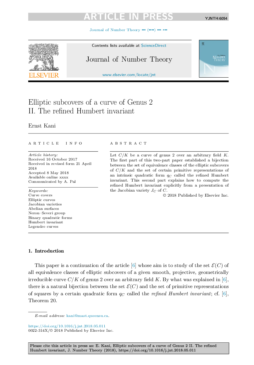 عکس صفحه اول مقاله: Elliptic subcovers of a curve of Genus 2 II. The refined Humbert invariant Elliptic subcovers of a curve of Genus 2 II. The refined Humbert invariant