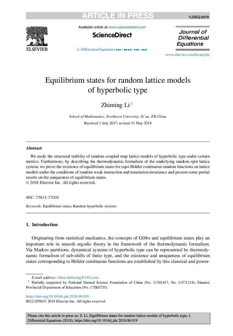 Equilibrium states for random lattice models of hyperbolic type