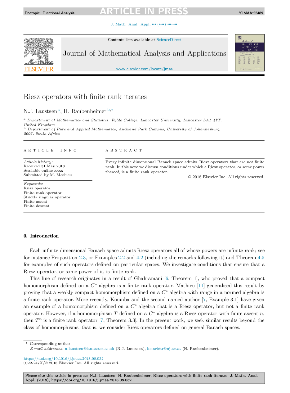 Riesz operators with finite rank iterates