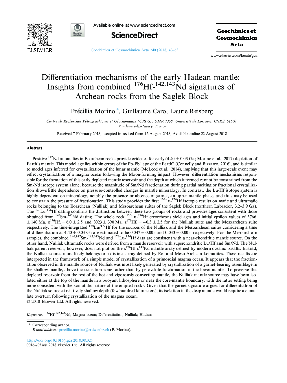 Differentiation mechanisms of the early Hadean mantle: Insights from combined 176Hf-142,143Nd signatures of Archean rocks from the Saglek Block