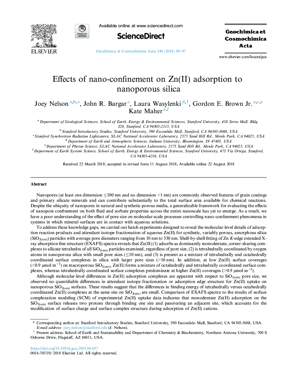 Effects of nano-confinement on Zn(II) adsorption to nanoporous silica