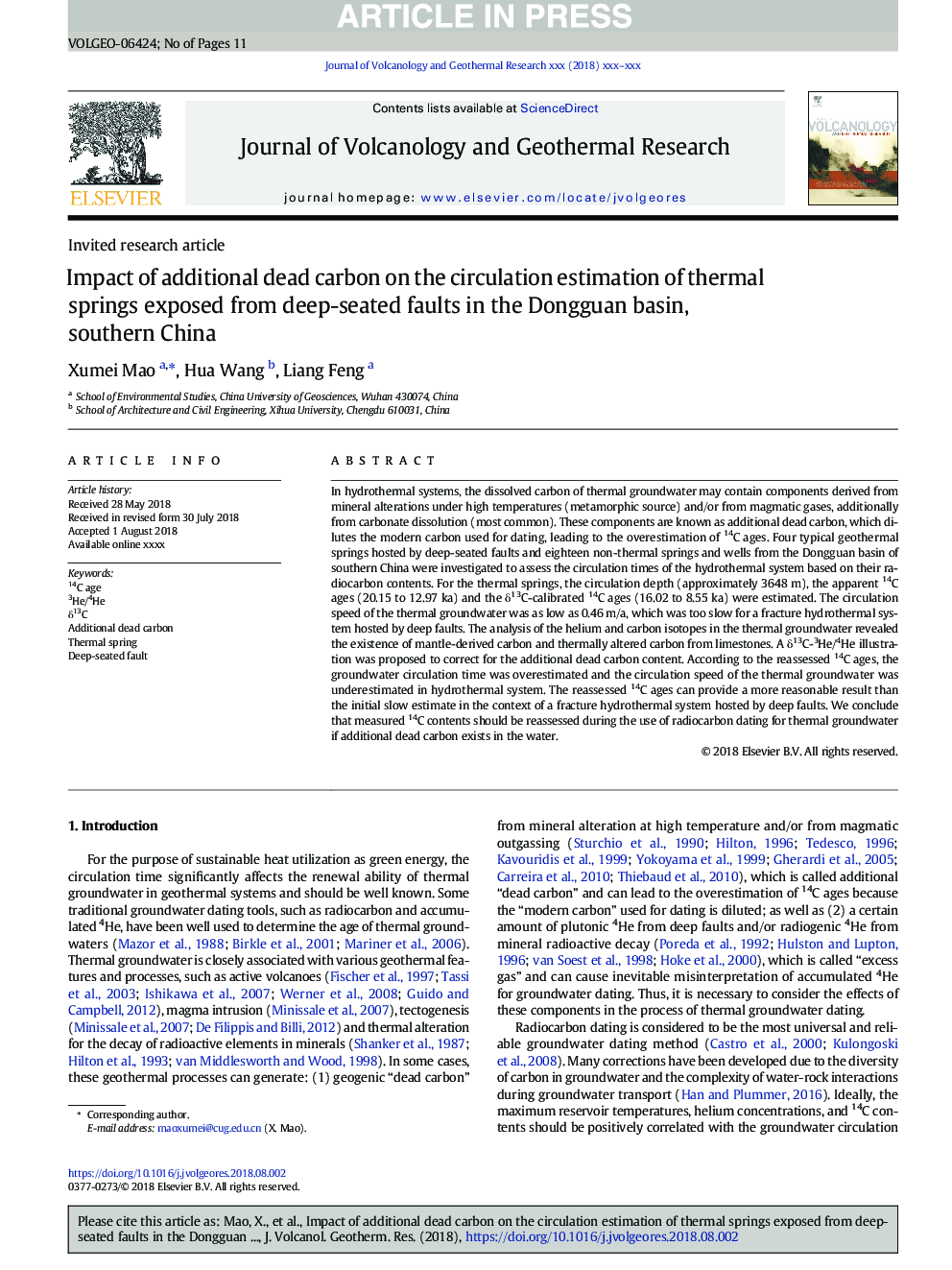 Impact of additional dead carbon on the circulation estimation of thermal springs exposed from deep-seated faults in the Dongguan basin, southern China