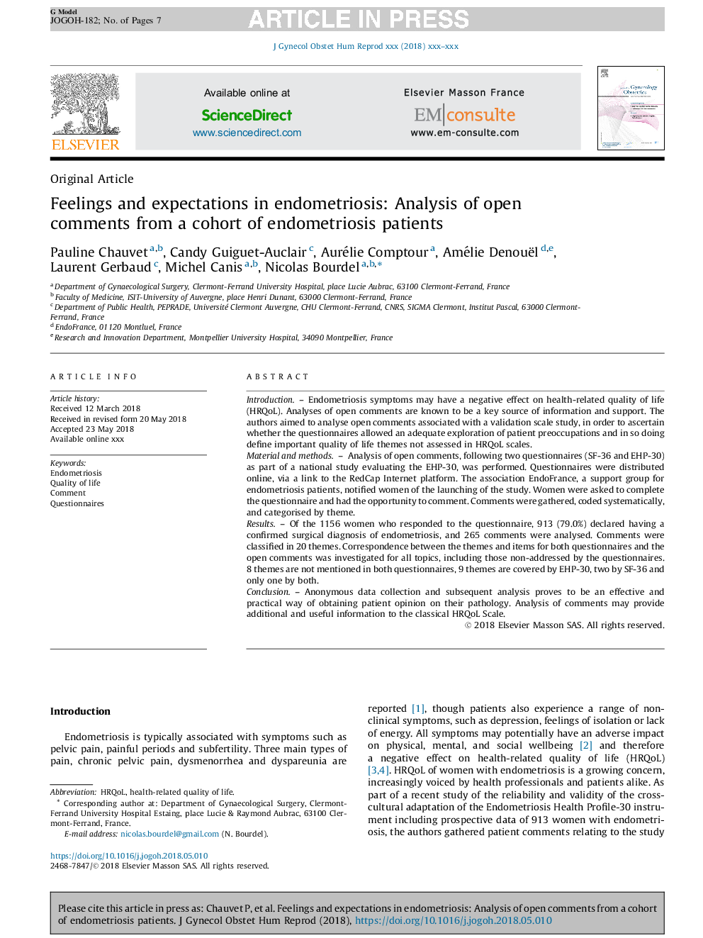 Feelings and expectations in endometriosis: Analysis of open comments from a cohort of endometriosis patients