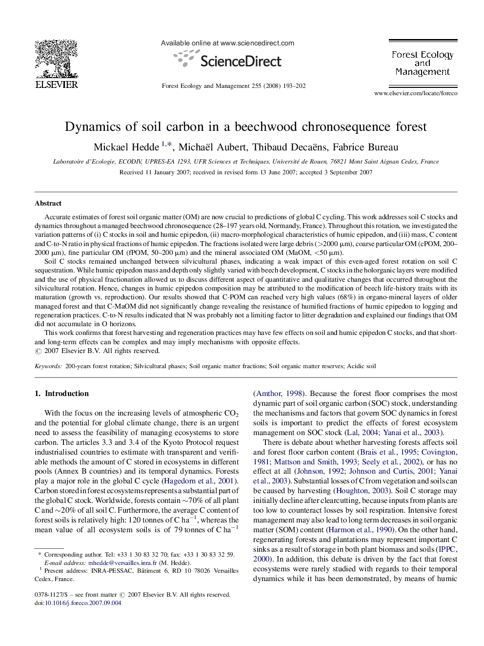 Dynamics of soil carbon in a beechwood chronosequence forest