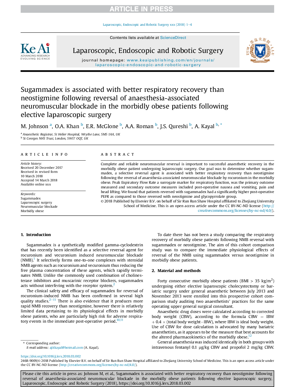 Sugammadex is associated with better respiratory recovery than neostigmine following reversal of anaesthesia-associated neuromuscular blockade in the morbidly obese patients following elective laparoscopic surgery