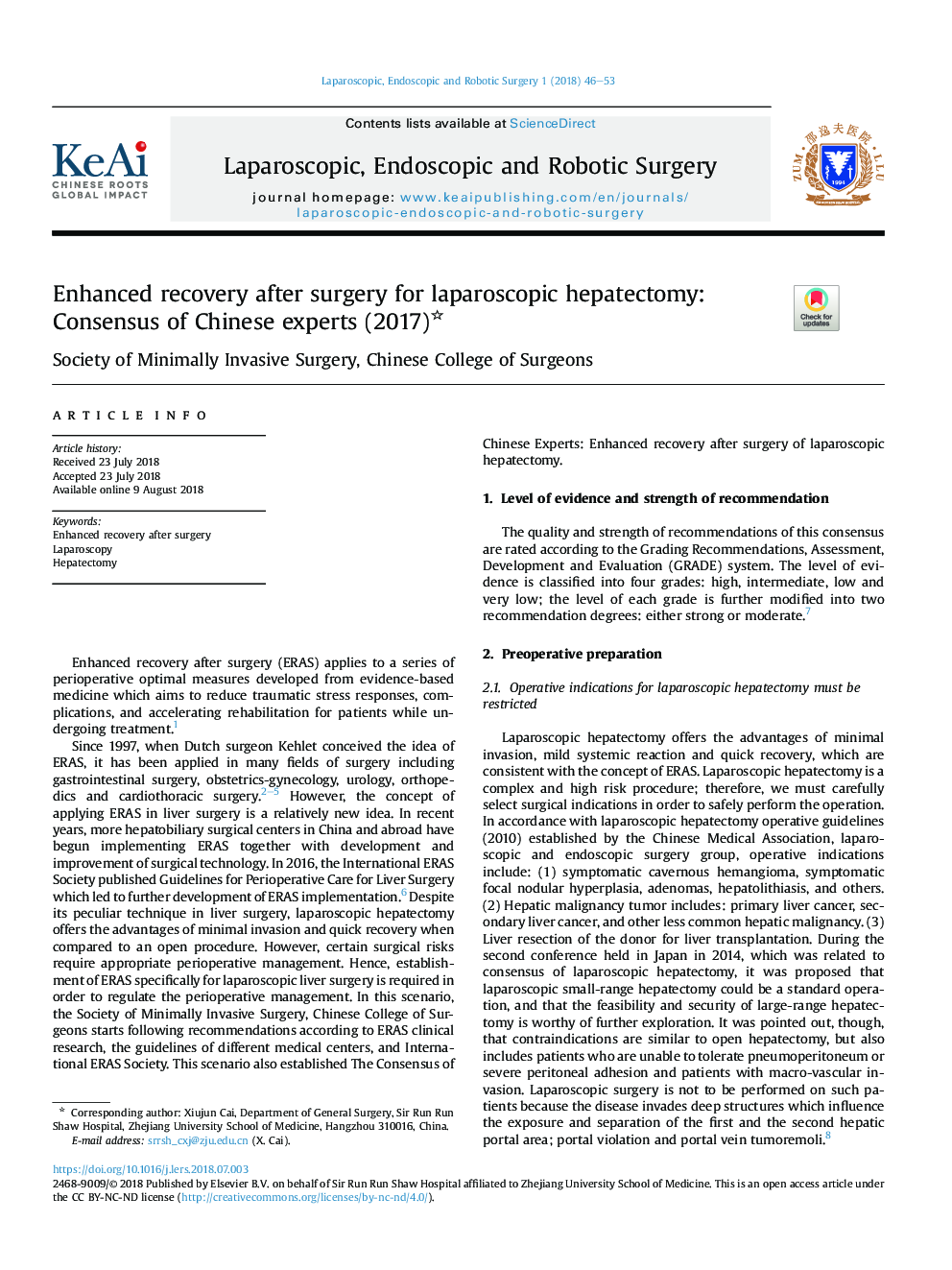 Enhanced recovery after surgery for laparoscopic hepatectomy: ConsensusÂ ofÂ Chinese experts (2017)