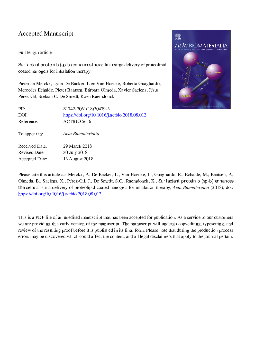 Surfactant protein B (SP-B) enhances the cellular siRNA delivery of proteolipid coated nanogels for inhalation therapy