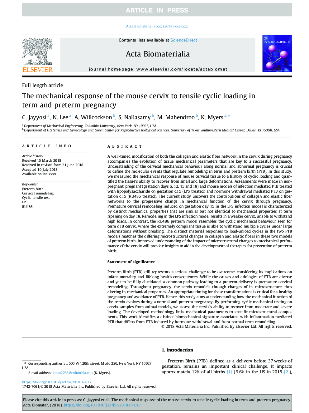 The mechanical response of the mouse cervix to tensile cyclic loading in term and preterm pregnancy