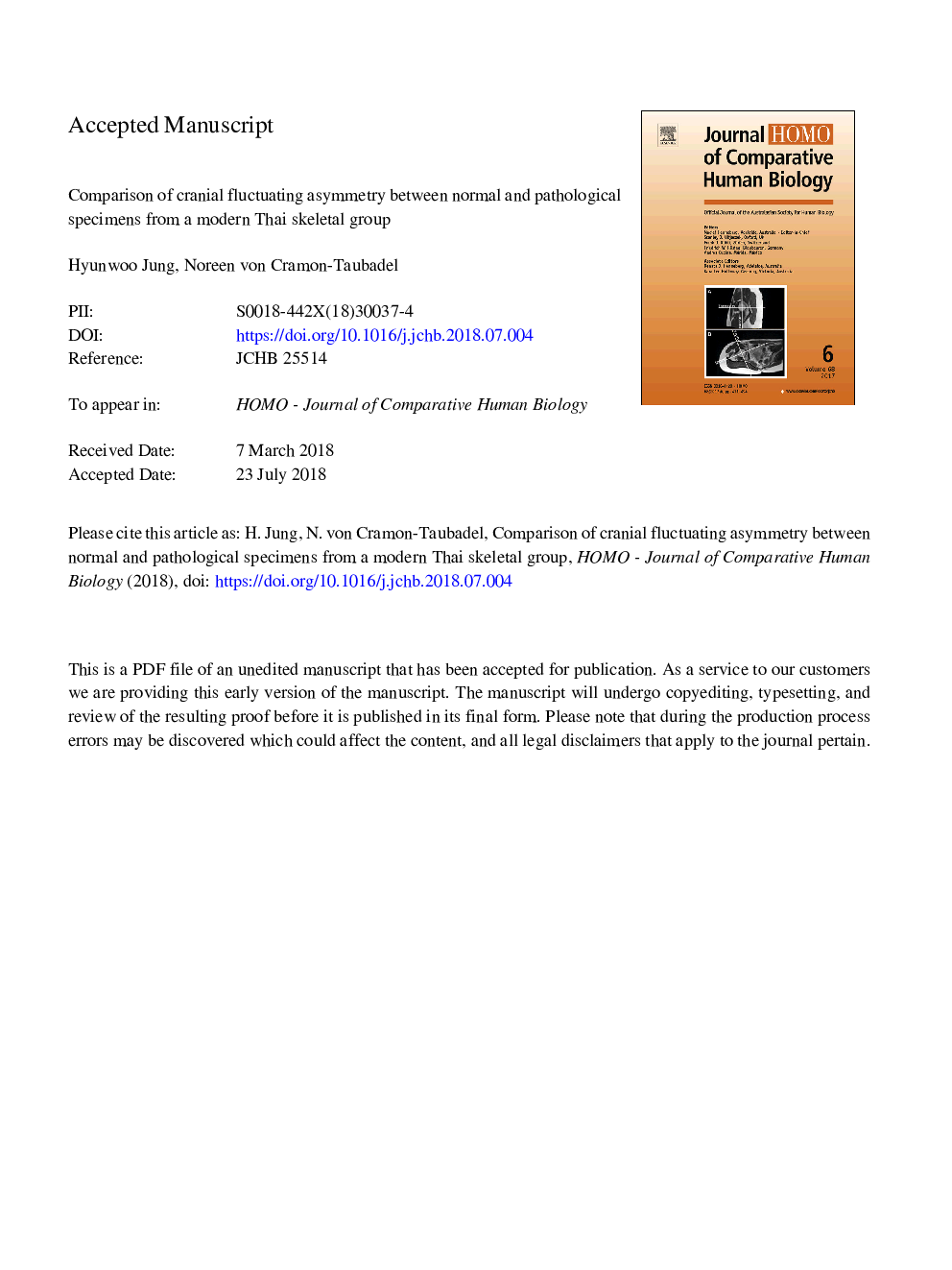 Comparison of cranial fluctuating asymmetry between normal and pathological specimens from a modern Thai skeletal group