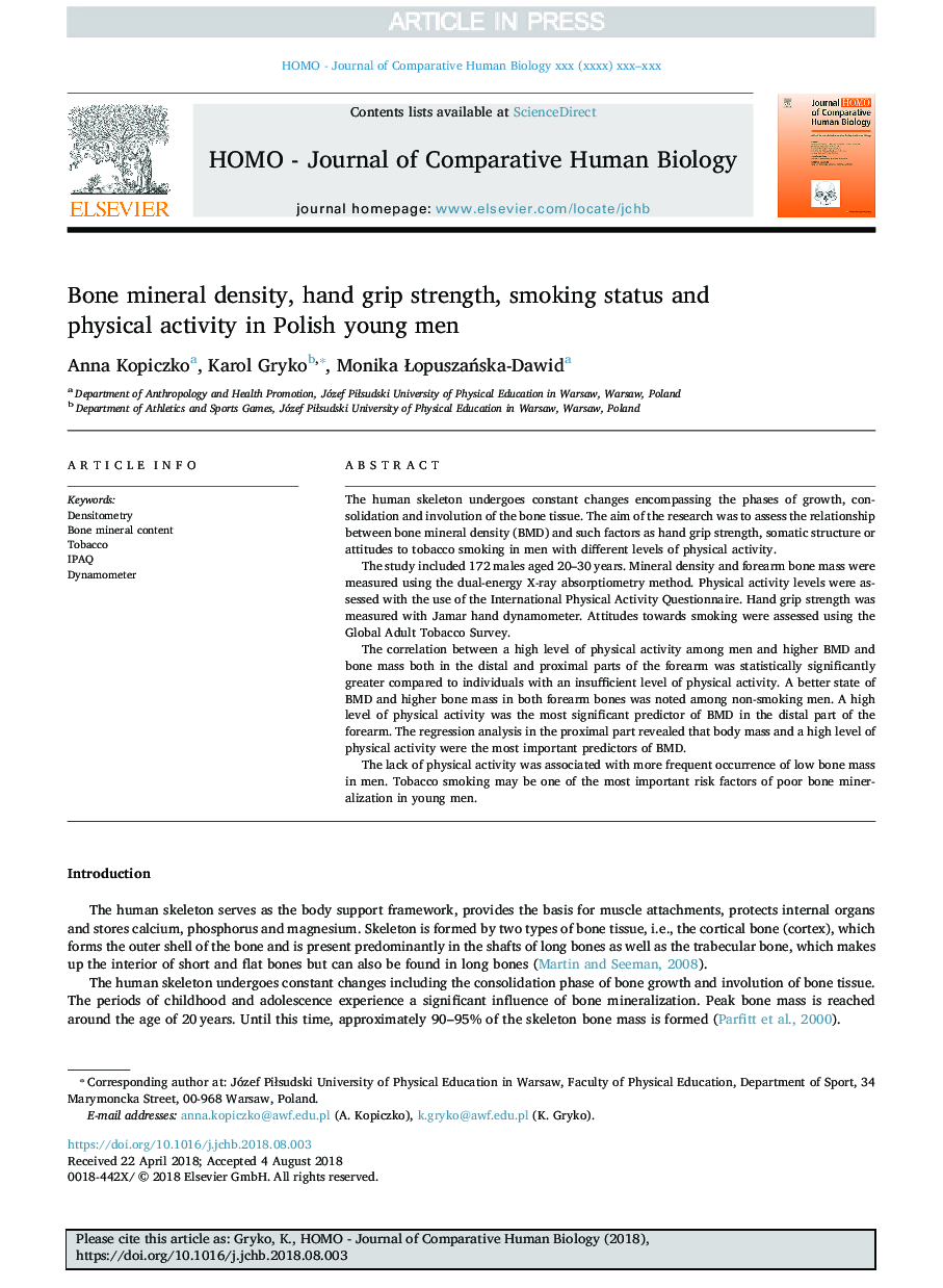 Bone mineral density, hand grip strength, smoking status and physical activity in Polish young men