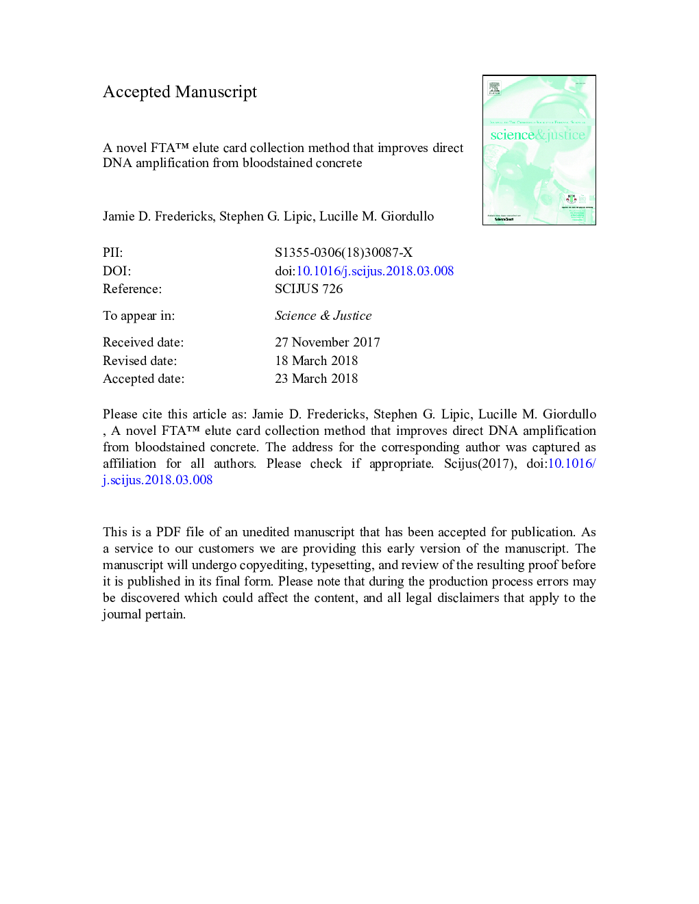 A novel FTAâ¢ elute card collection method that improves direct DNA amplification from bloodstained concrete