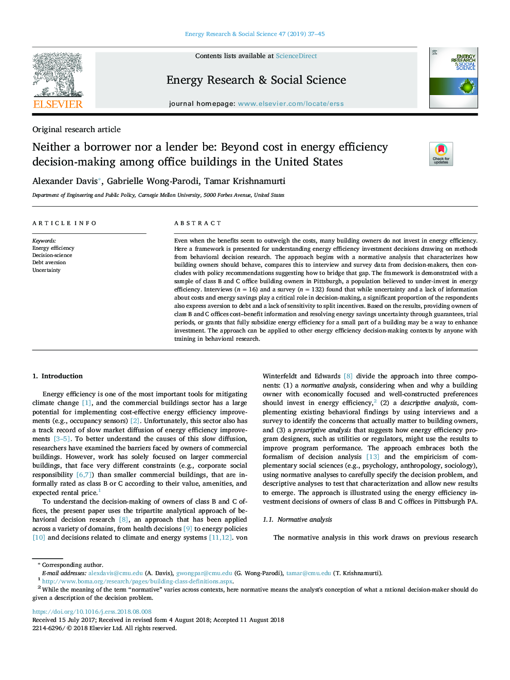 Neither a borrower nor a lender be: Beyond cost in energy efficiency decision-making among office buildings in the United States