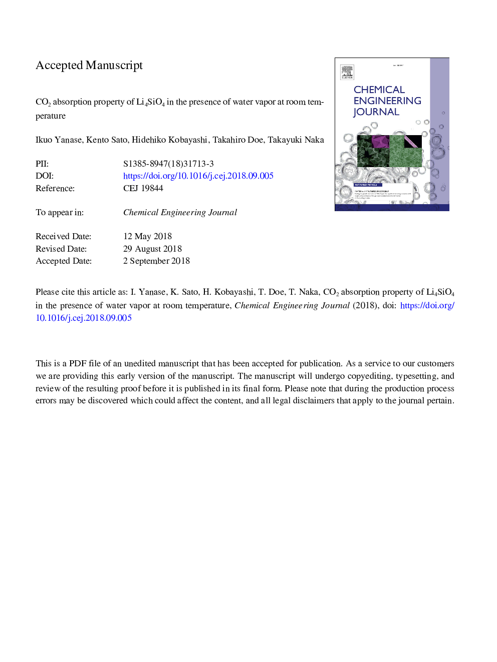 عکس صفحه اول مقاله: CO2 absorption property of Li4SiO4 in the presence of water vapor at room temperature CO2 absorption property of Li4SiO4 in the presence of water vapor at room temperature