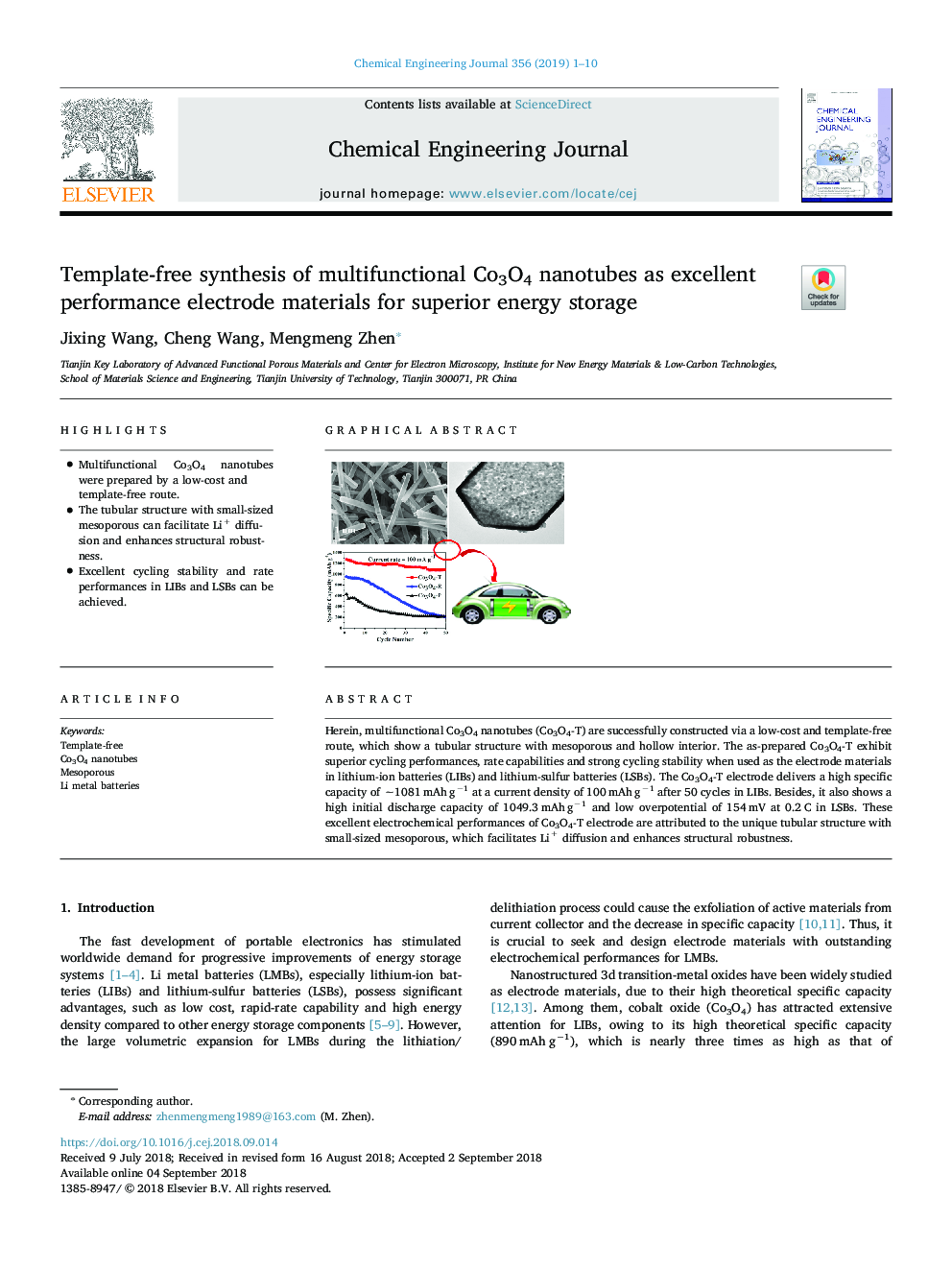 Template-free synthesis of multifunctional Co3O4 nanotubes as excellent performance electrode materials for superior energy storage