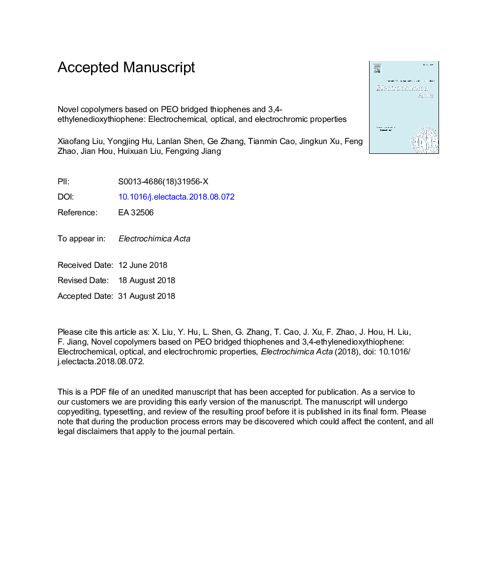 Novel copolymers based on PEO bridged thiophenes and 3,4-ethylenedioxythiophene: Electrochemical, optical, and electrochromic properties