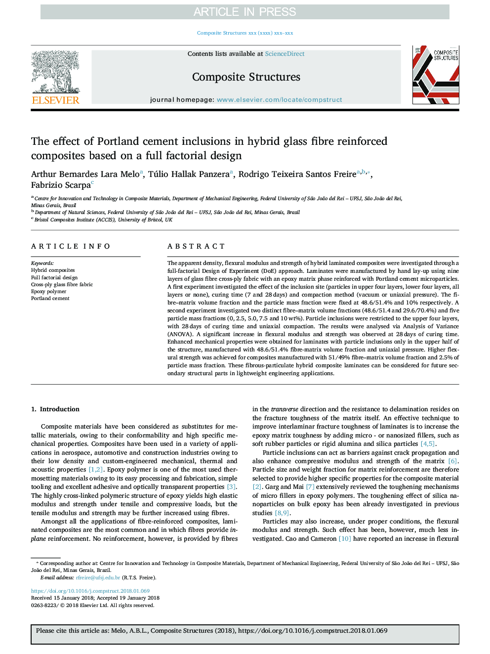 The effect of Portland cement inclusions in hybrid glass fibre reinforced composites based on a full factorial design