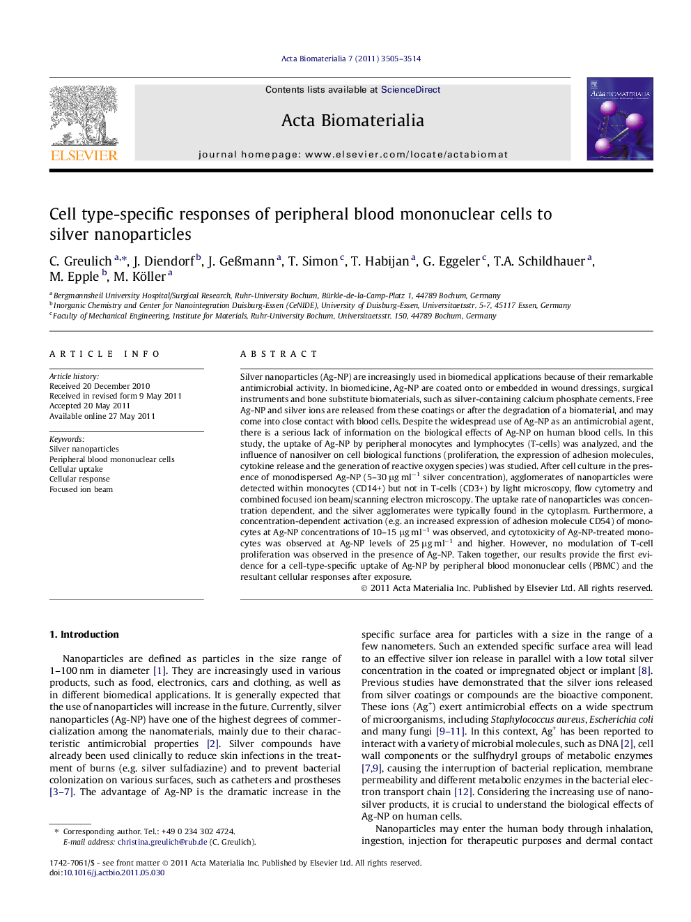 Cell type-specific responses of peripheral blood mononuclear cells to silver nanoparticles