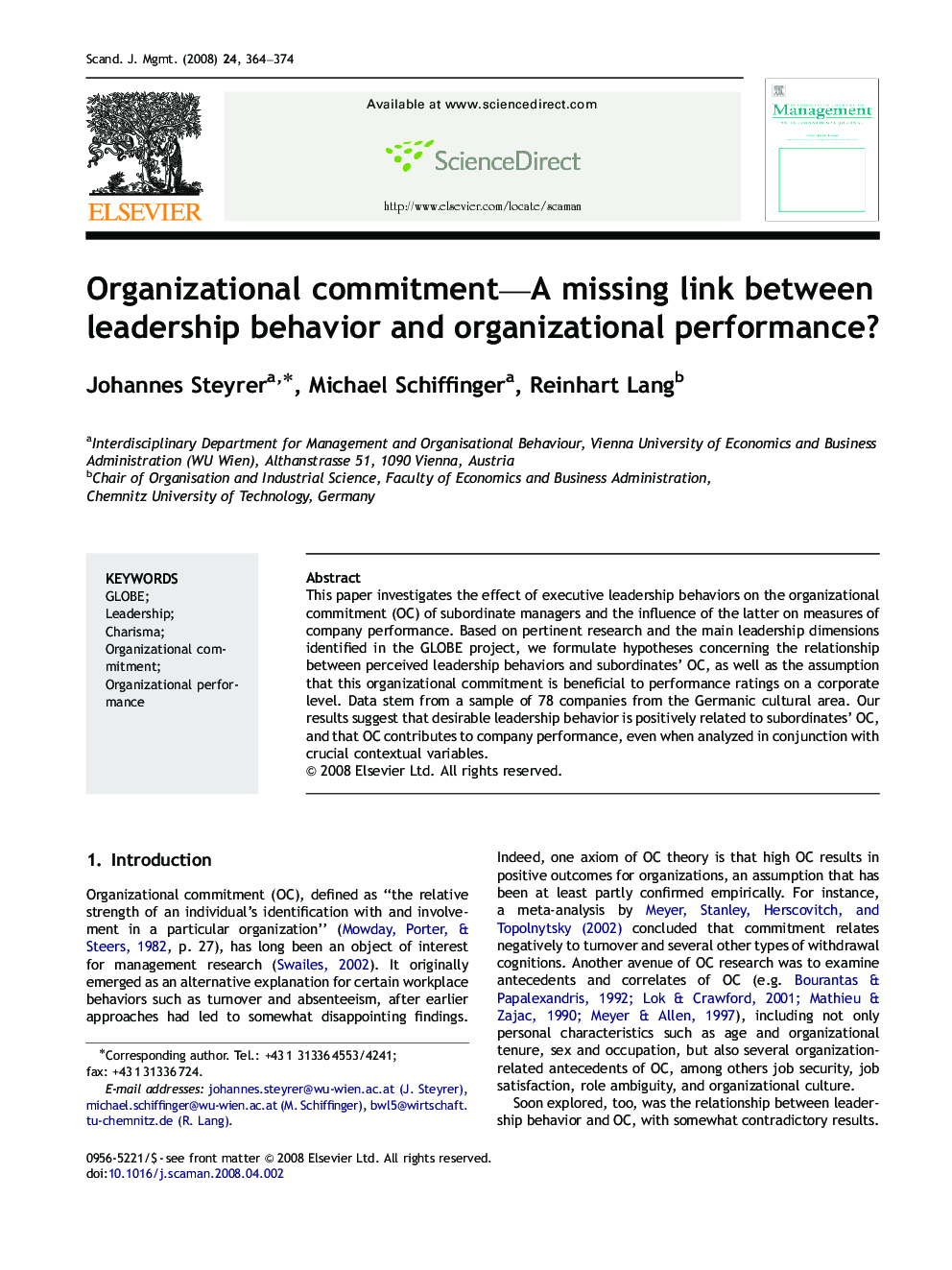 Organizational commitment—A missing link between leadership behavior and organizational performance?
