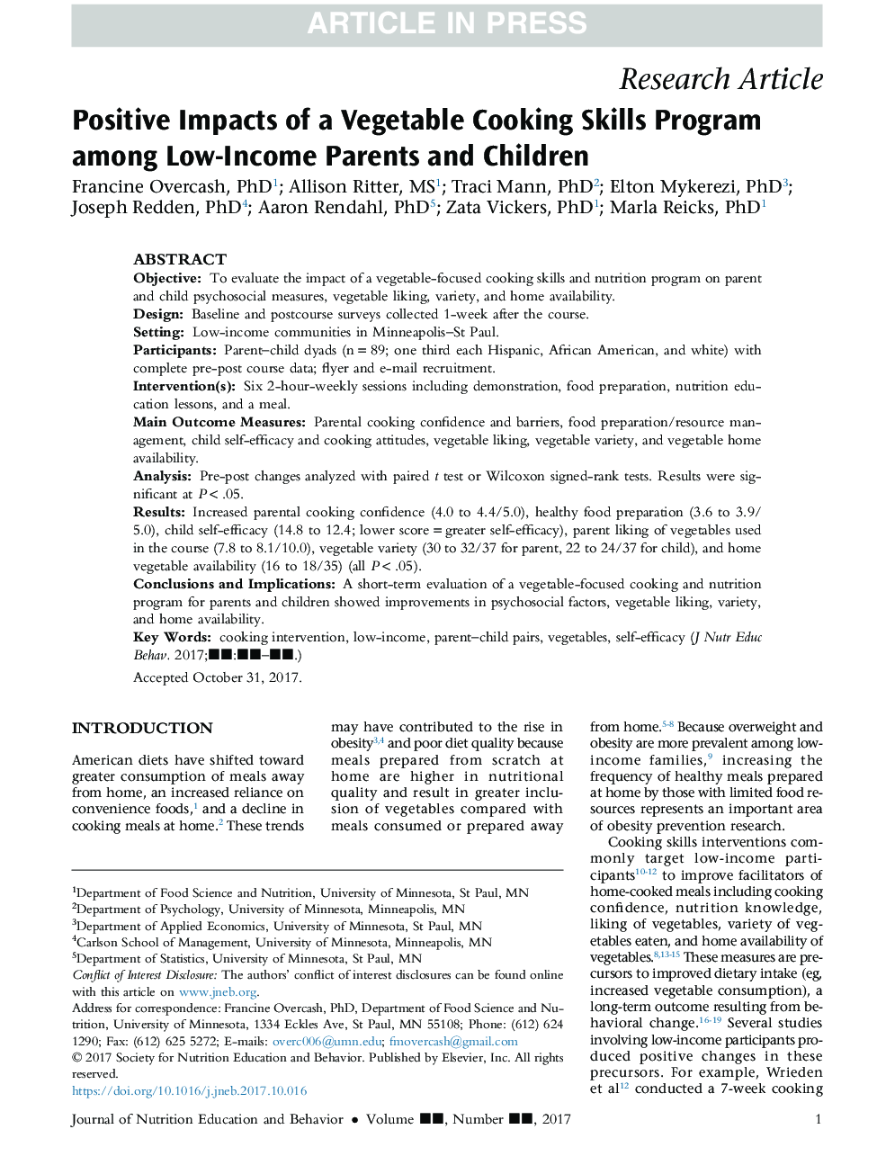 Impacts of a Vegetable Cooking Skills Program Among Low-Income Parents and Children