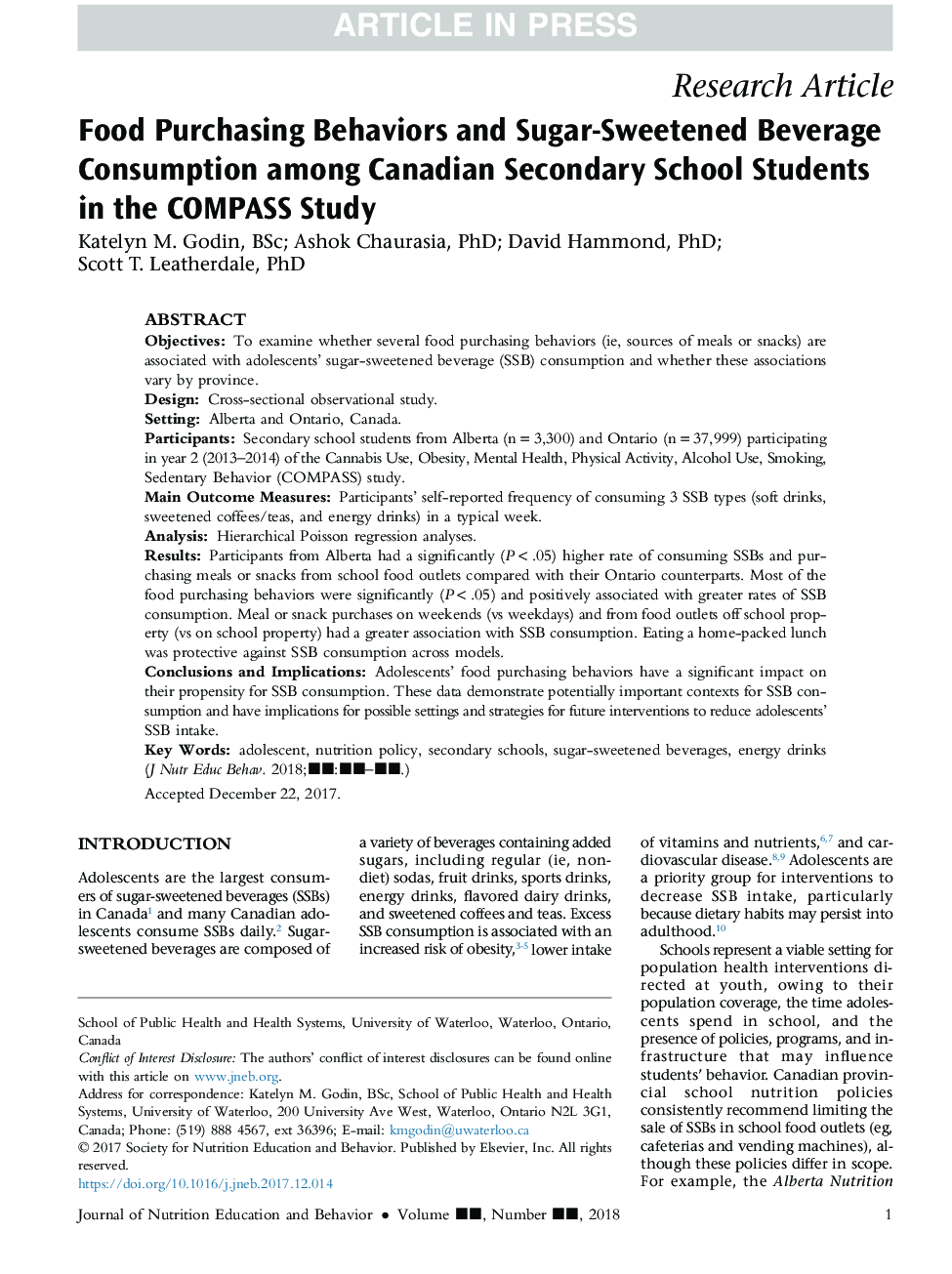 Food Purchasing Behaviors and Sugar-Sweetened Beverage Consumption among Canadian Secondary School Students in the COMPASS Study