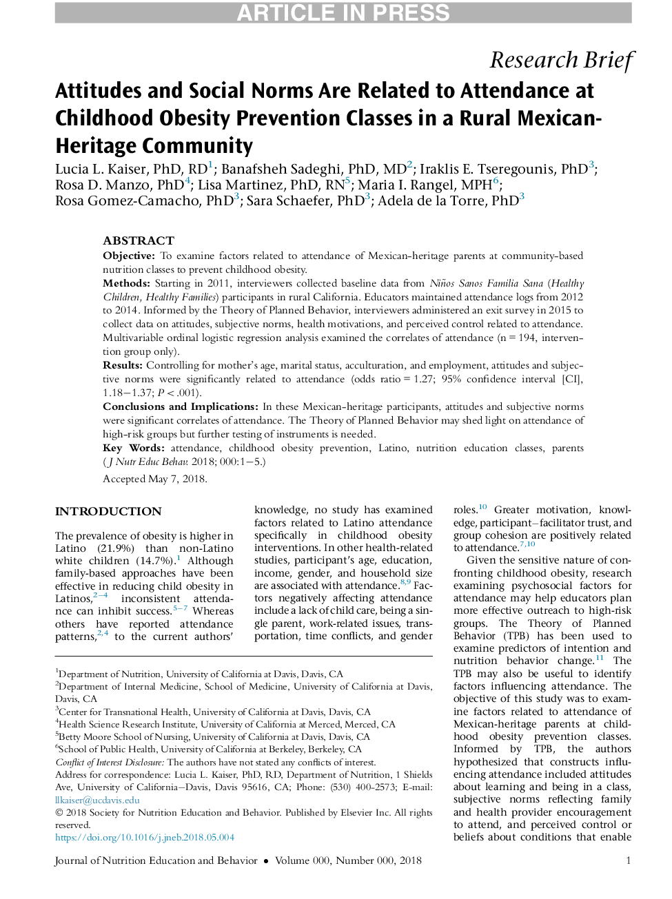 Attitudes and Social Norms Are Related to Attendance at Childhood Obesity Prevention Classes in a Rural Mexican-Heritage Community