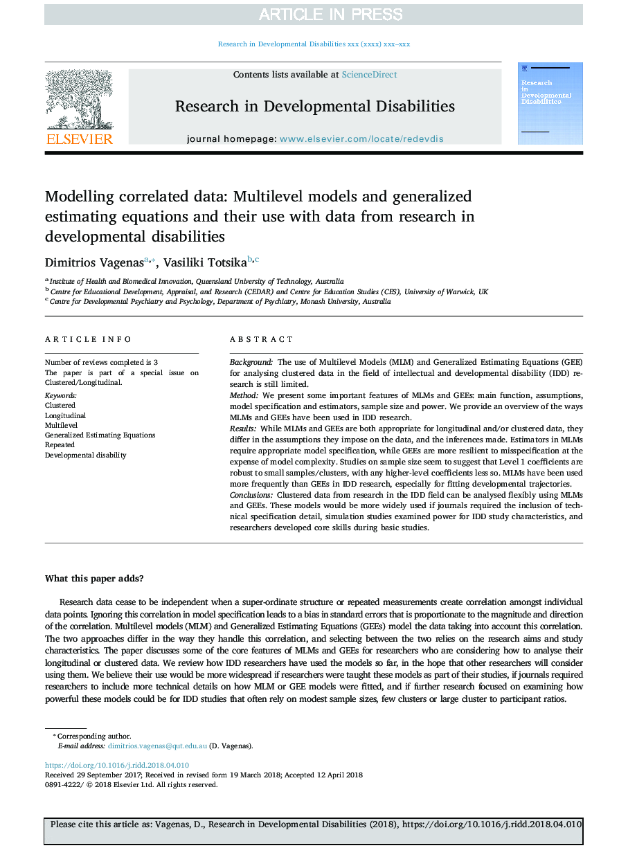 Modelling correlated data: Multilevel models and generalized estimating equations and their use with data from research in developmental disabilities