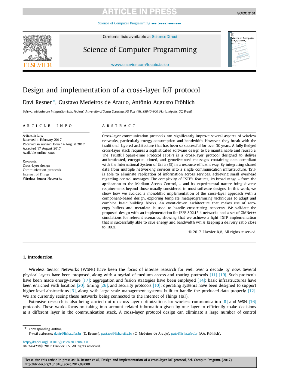 Design and implementation of a cross-layer IoT protocol