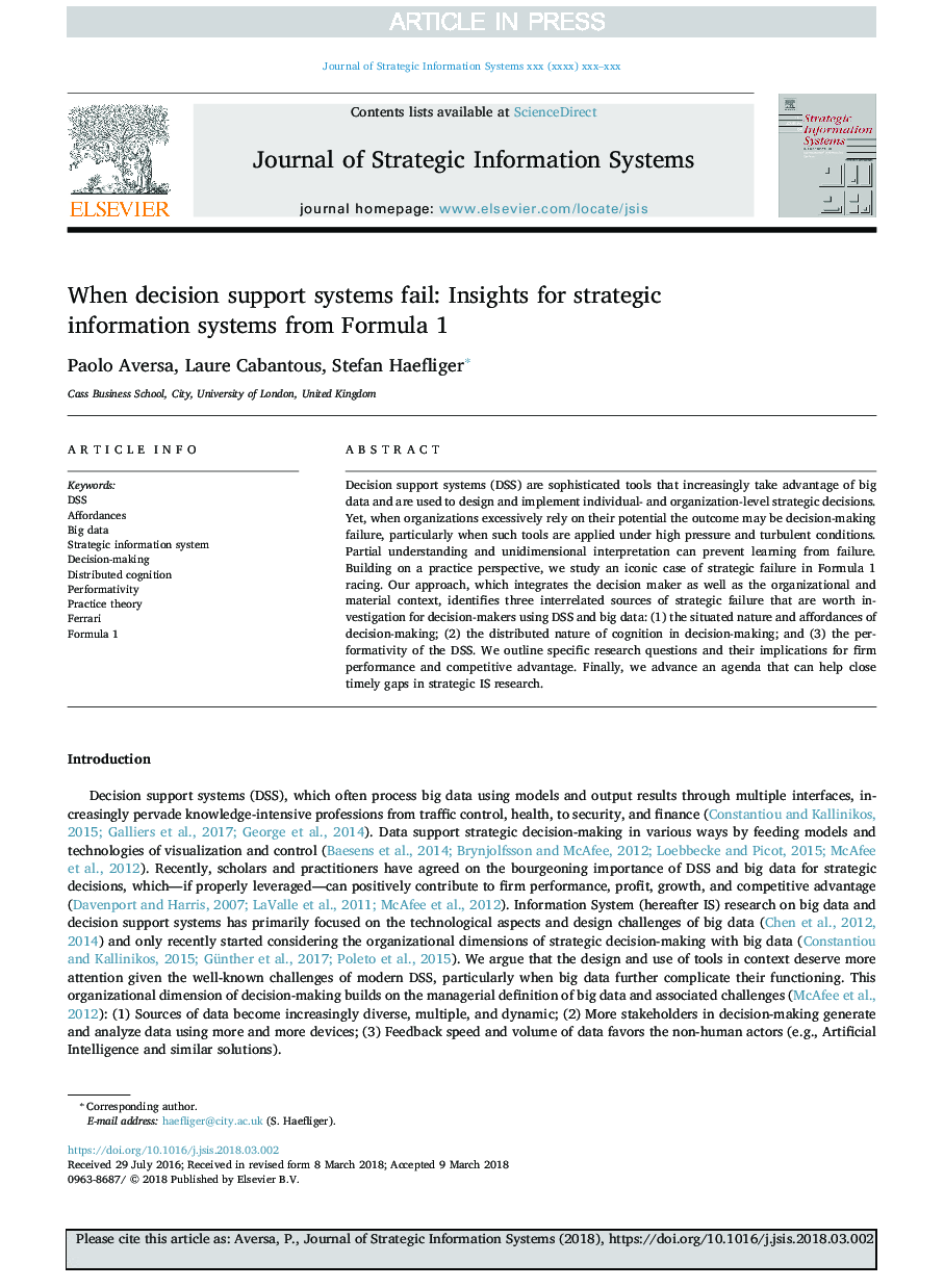 When decision support systems fail: Insights for strategic information systems from Formula 1