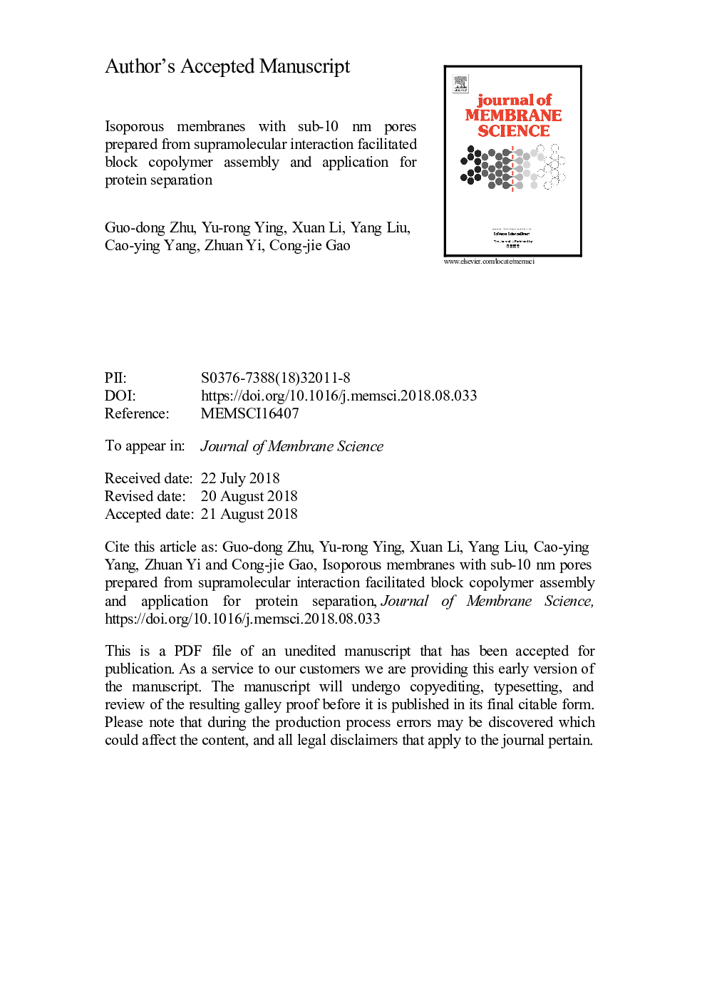 Isoporous membranes with sub-10â¯nm pores prepared from supramolecular interaction facilitated block copolymer assembly and application for protein separation