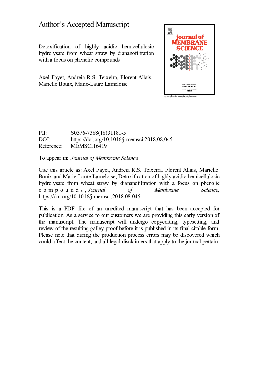 Detoxification of highly acidic hemicellulosic hydrolysate from wheat straw by diananofiltration with a focus on phenolic compounds