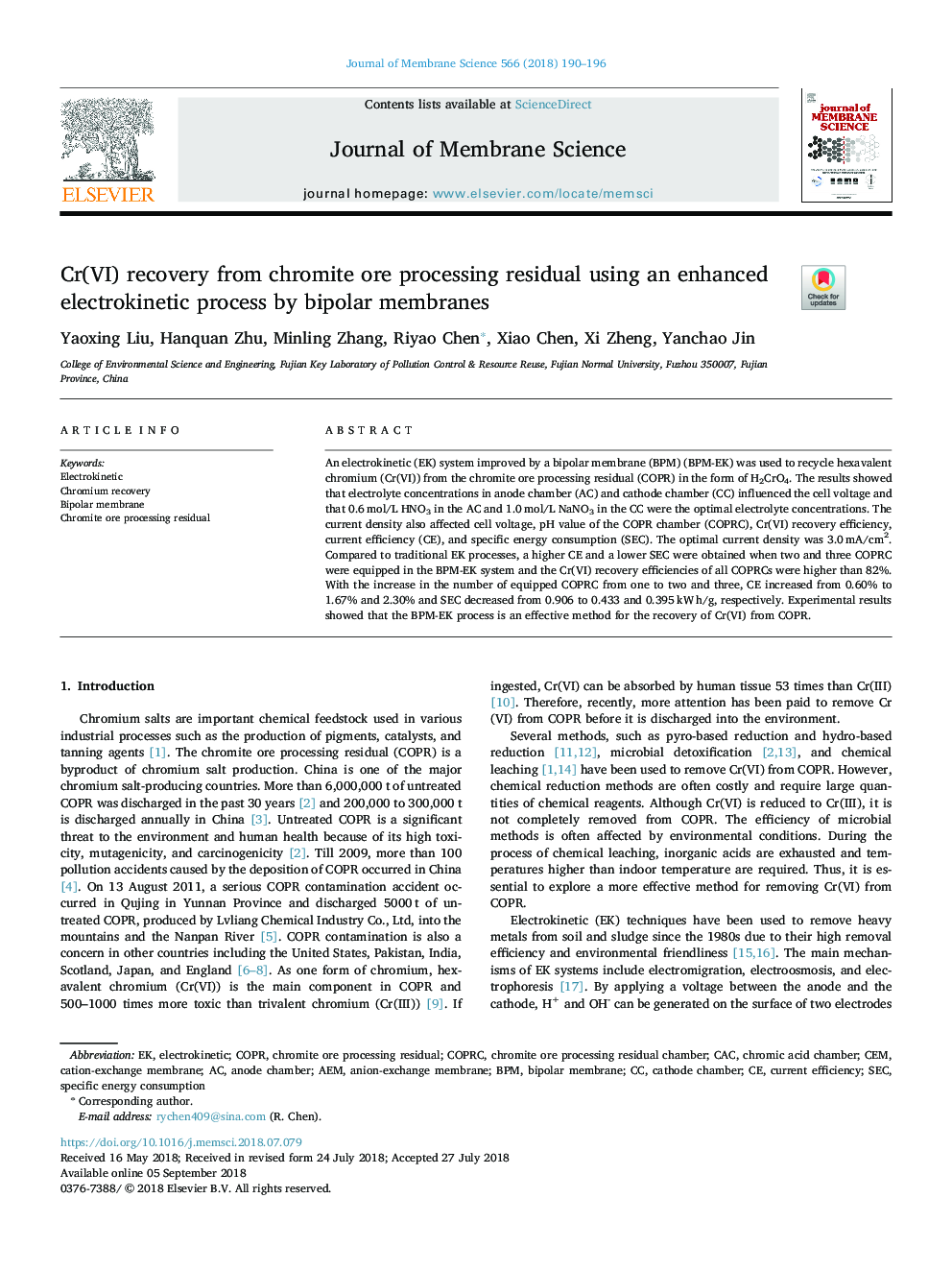 Cr(VI) recovery from chromite ore processing residual using an enhanced electrokinetic process by bipolar membranes