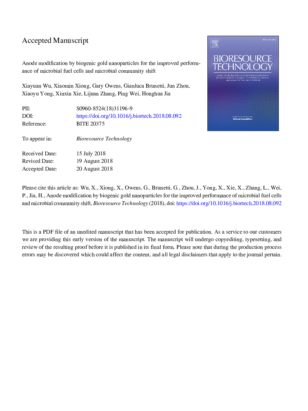 Anode modification by biogenic gold nanoparticles for the improved performance of microbial fuel cells and microbial community shift