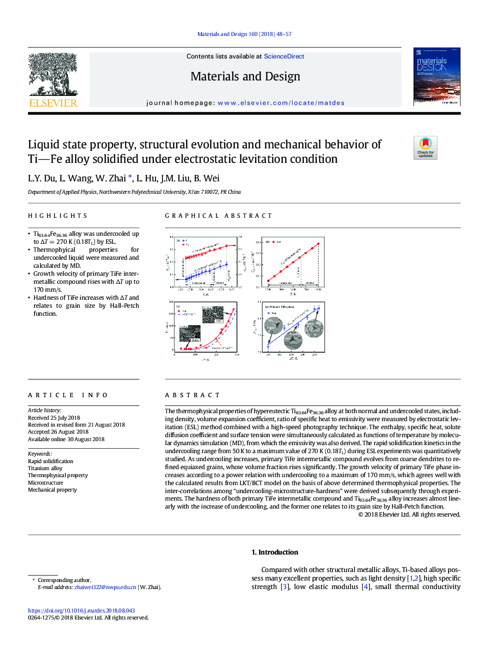 Liquid state property, structural evolution and mechanical behavior of TiFe alloy solidified under electrostatic levitation condition