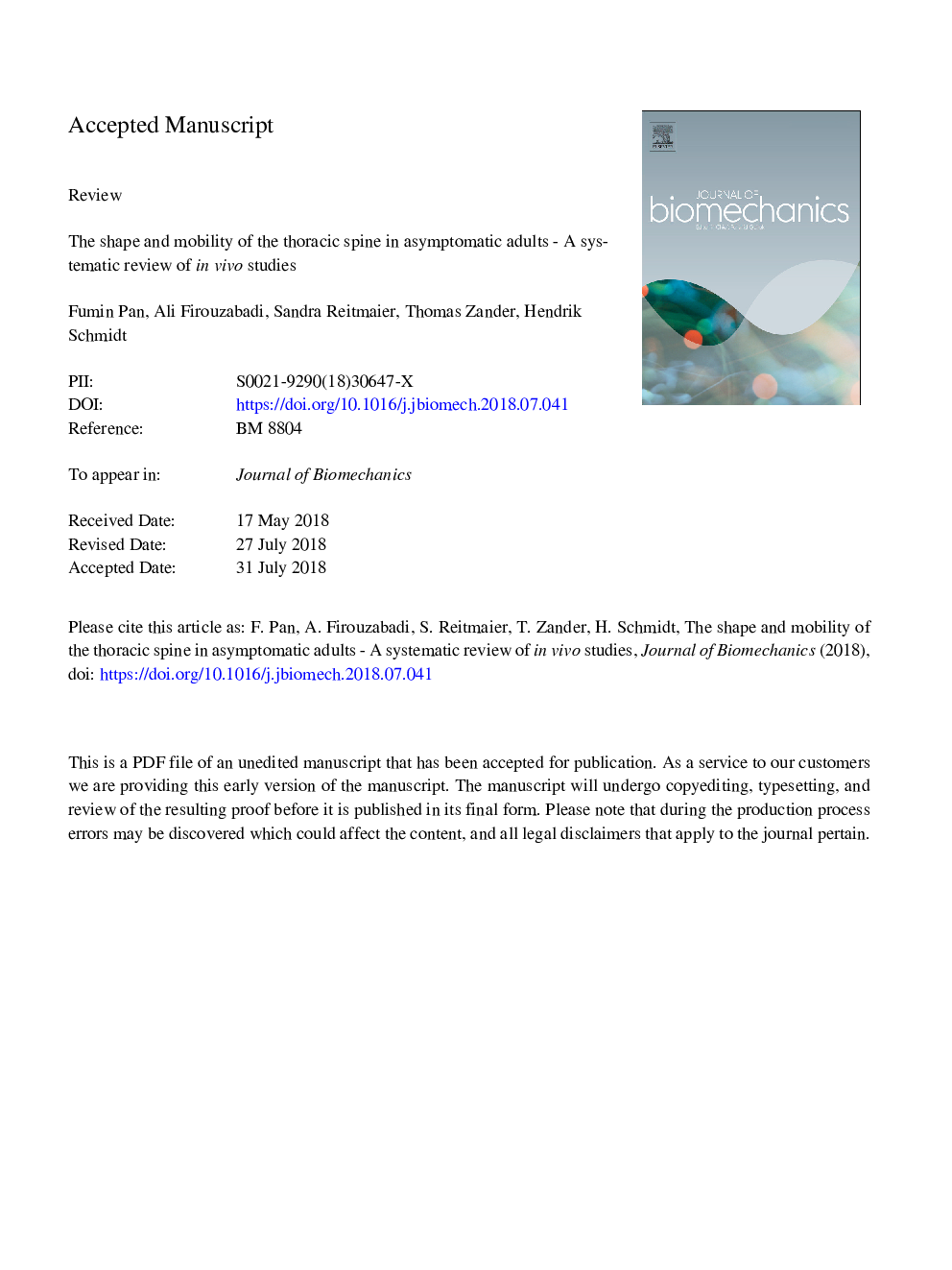 The shape and mobility of the thoracic spine in asymptomatic adults - A systematic review of in vivo studies