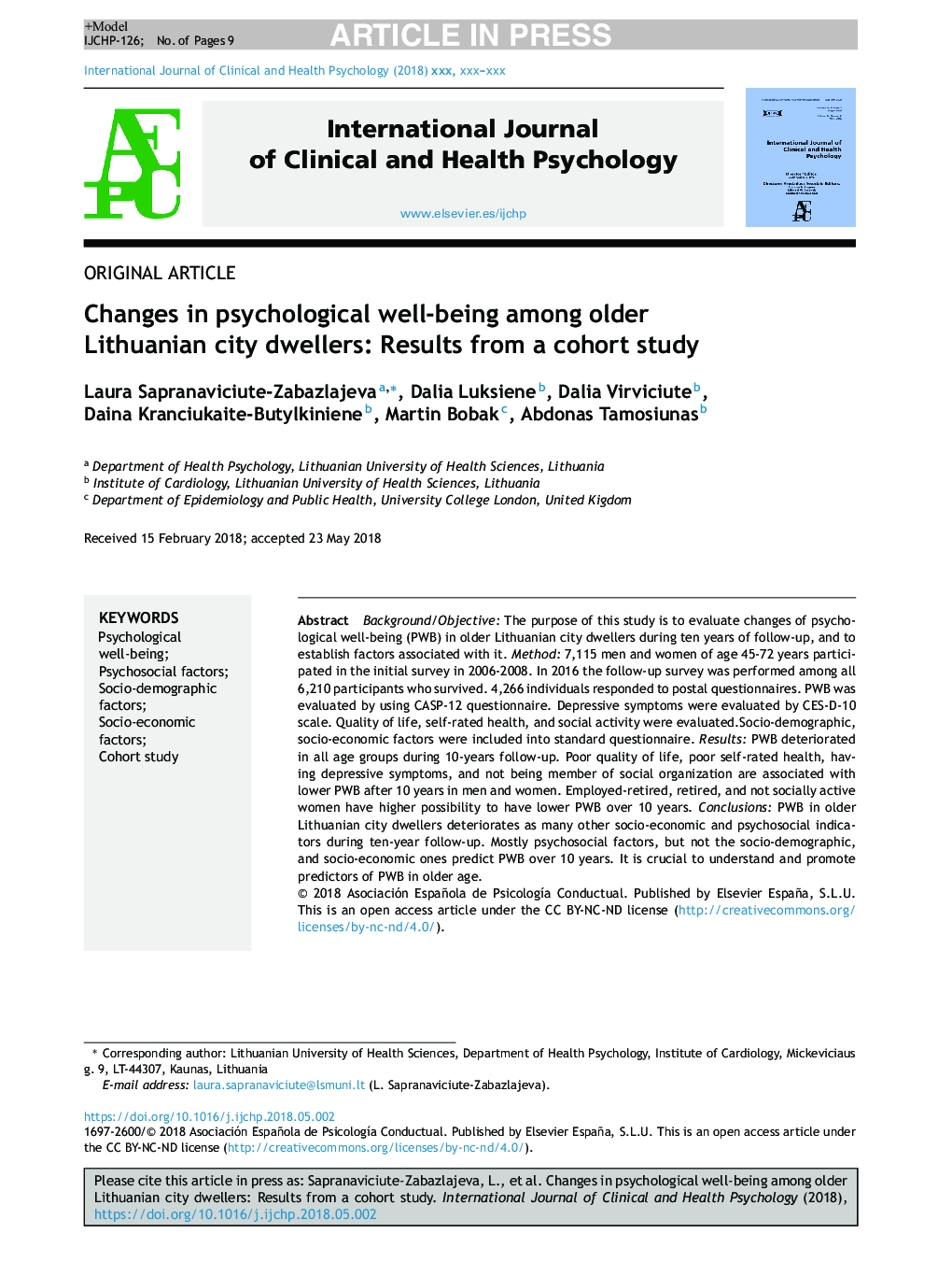 Changes in psychological well-being among older Lithuanian city dwellers: Results from a cohort study