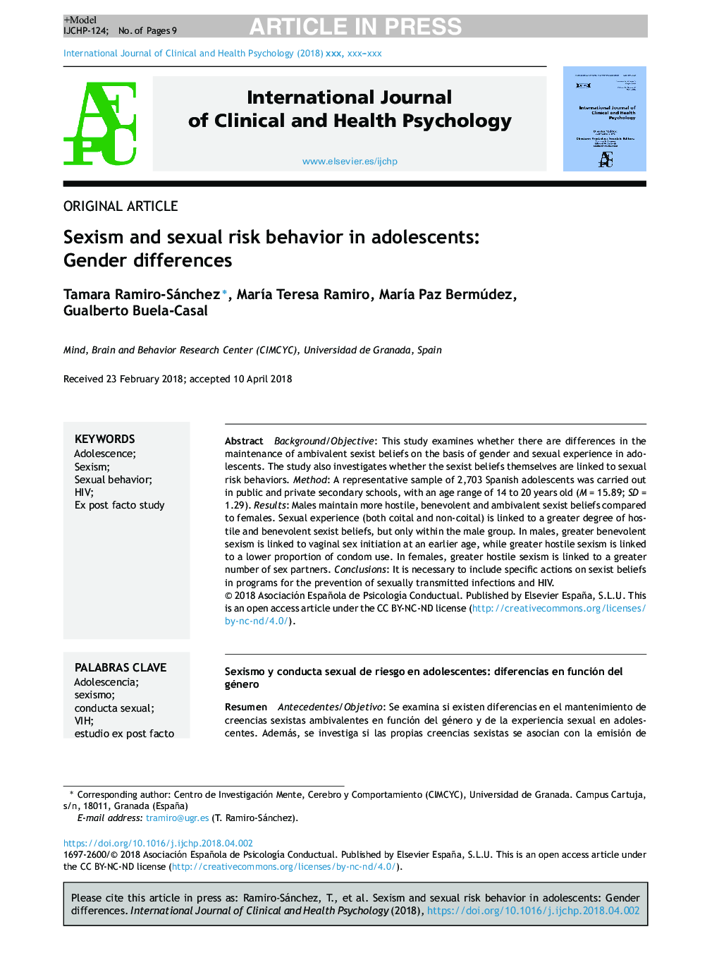 Sexism and sexual risk behavior in adolescents: Gender differences