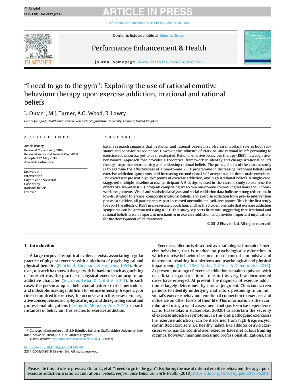 “I need to go to the gym”: Exploring the use of rational emotive behaviour therapy upon exercise addiction, irrational and rational beliefs