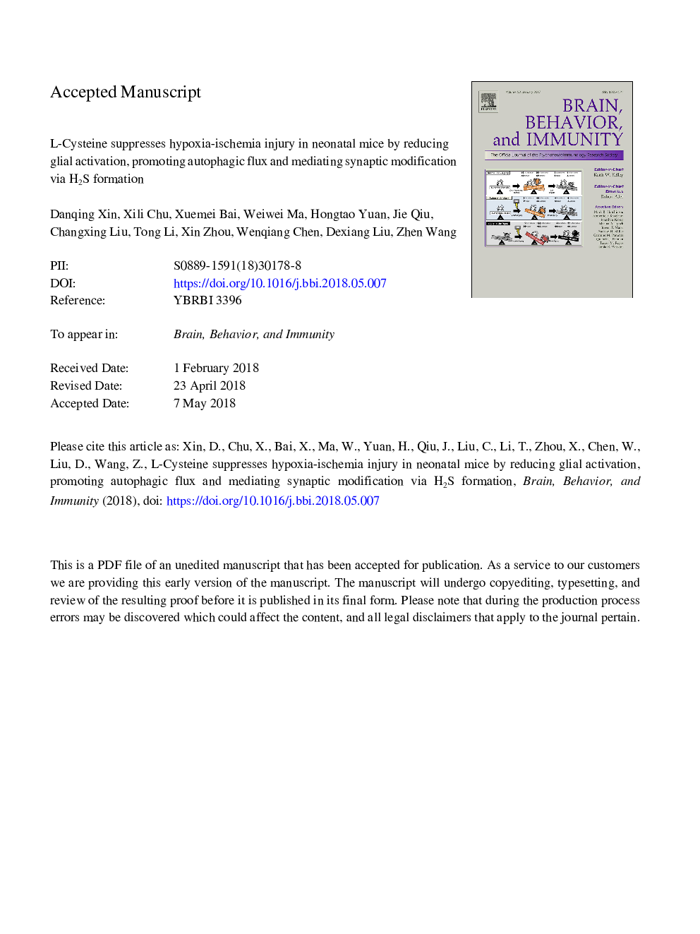 l-Cysteine suppresses hypoxia-ischemia injury in neonatal mice by reducing glial activation, promoting autophagic flux and mediating synaptic modification via H2S formation