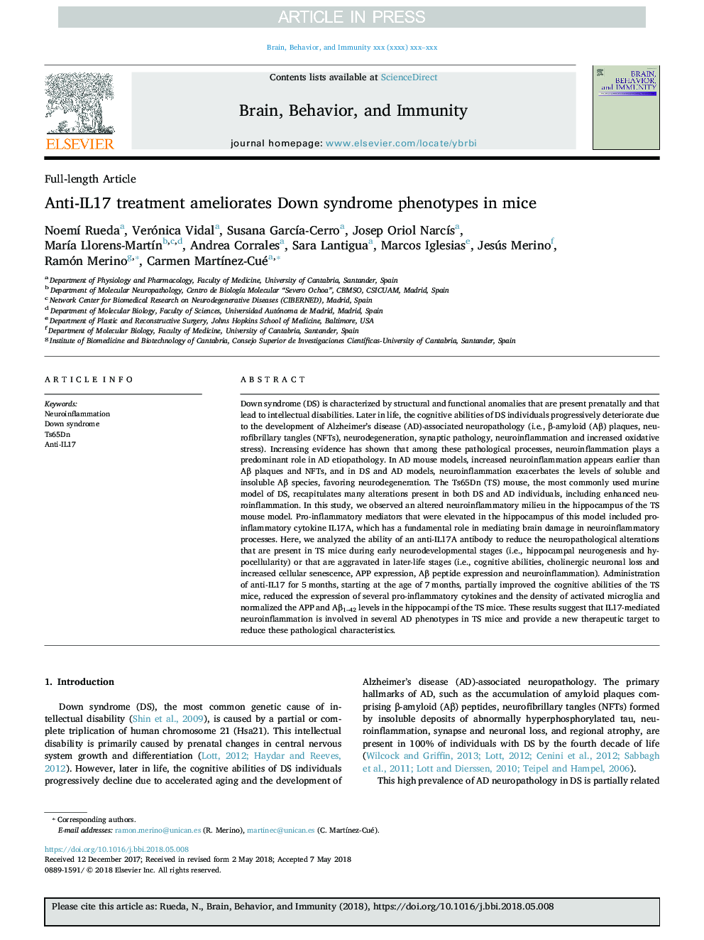 Anti-IL17 treatment ameliorates Down syndrome phenotypes in mice