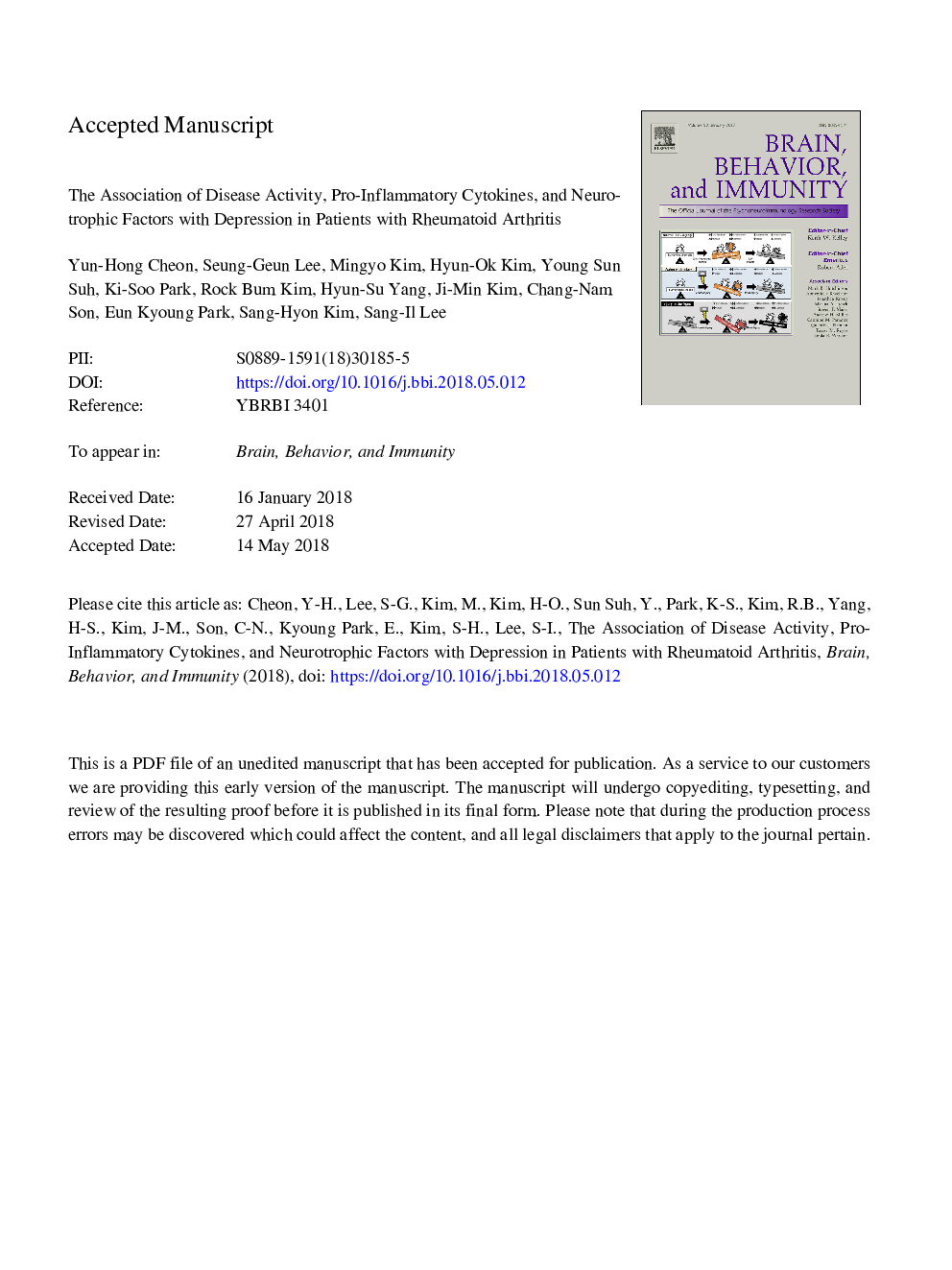 The association of disease activity, pro-inflammatory cytokines, and neurotrophic factors with depression in patients with rheumatoid arthritis