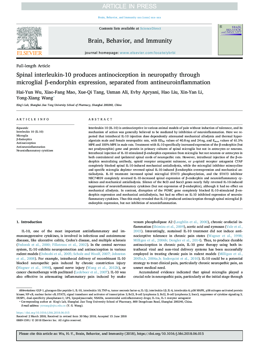 Spinal interleukin-10 produces antinociception in neuropathy through microglial Î²-endorphin expression, separated from antineuroinflammation