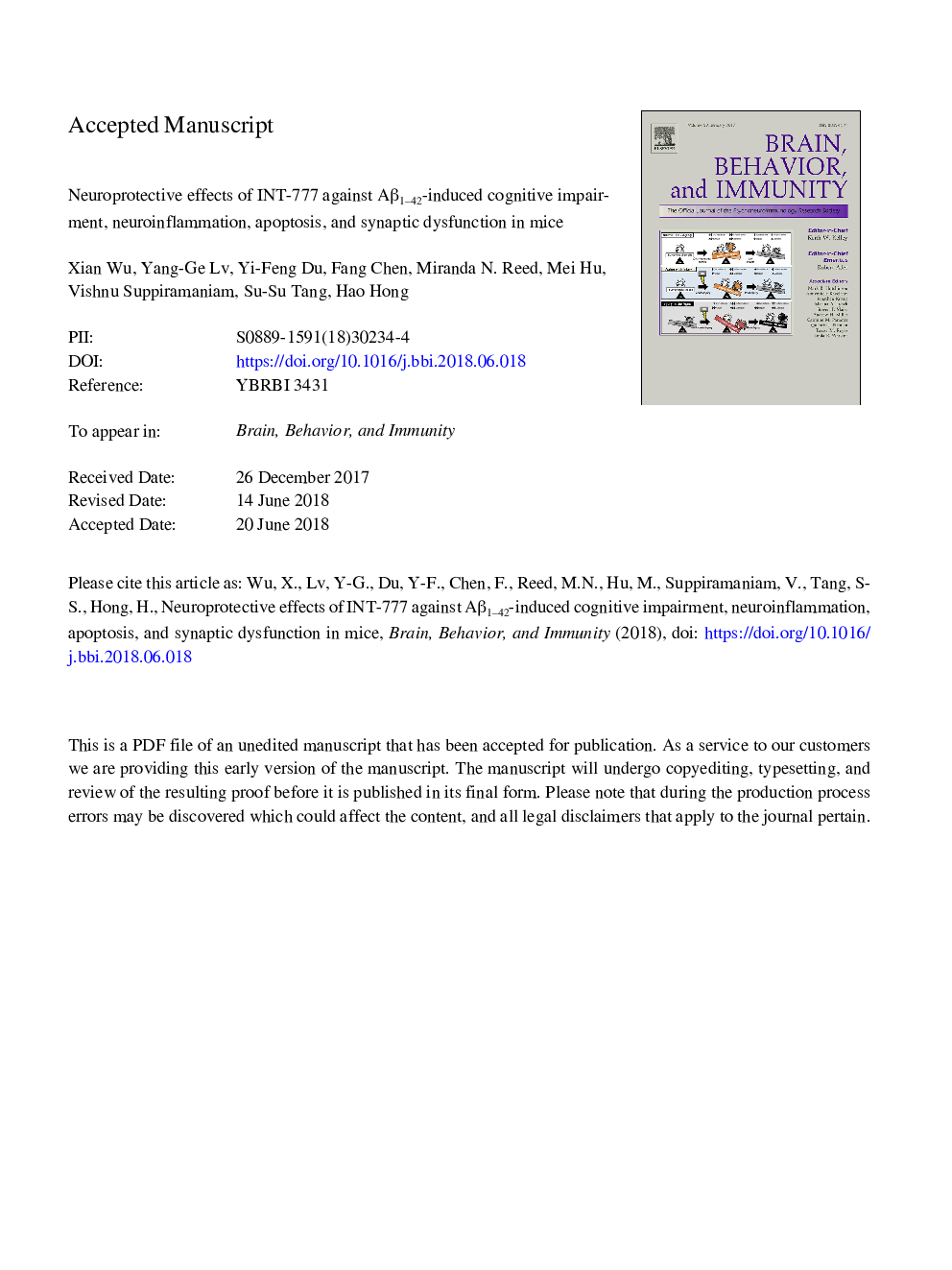 Neuroprotective effects of INT-777 against AÎ²1-42-induced cognitive impairment, neuroinflammation, apoptosis, and synaptic dysfunction in mice