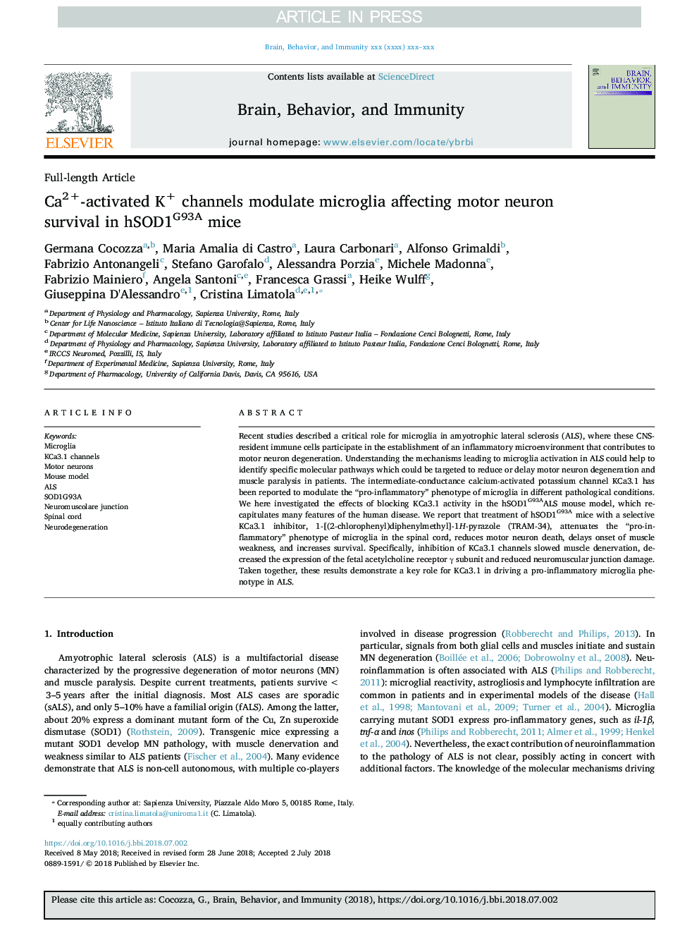 عکس صفحه اول مقاله: Ca2+-activated K+ channels modulate microglia affecting motor neuron survival in hSOD1G93A mice Ca2+-activated K+ channels modulate microglia affecting motor neuron survival in hSOD1G93A mice