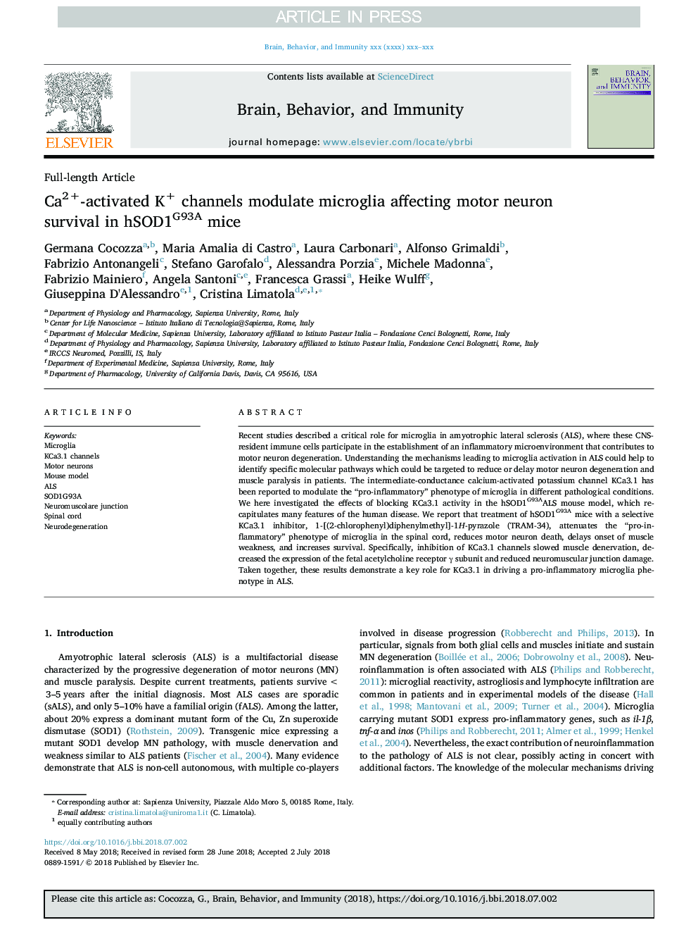 Ca2+-activated K+ channels modulate microglia affecting motor neuron survival in hSOD1G93A mice