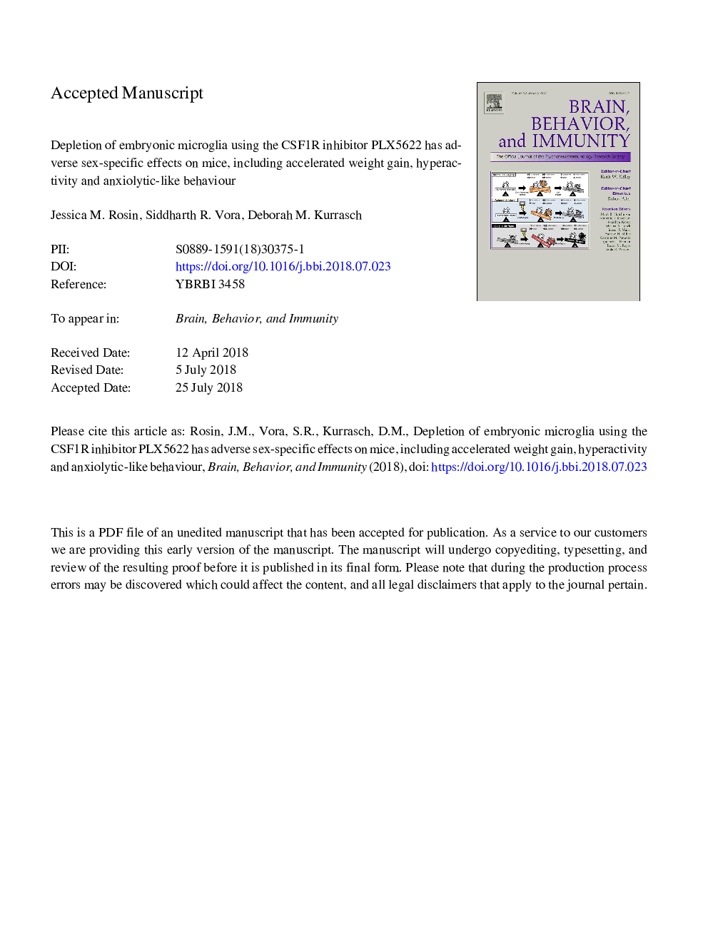 Depletion of embryonic microglia using the CSF1R inhibitor PLX5622 has adverse sex-specific effects on mice, including accelerated weight gain, hyperactivity and anxiolytic-like behaviour