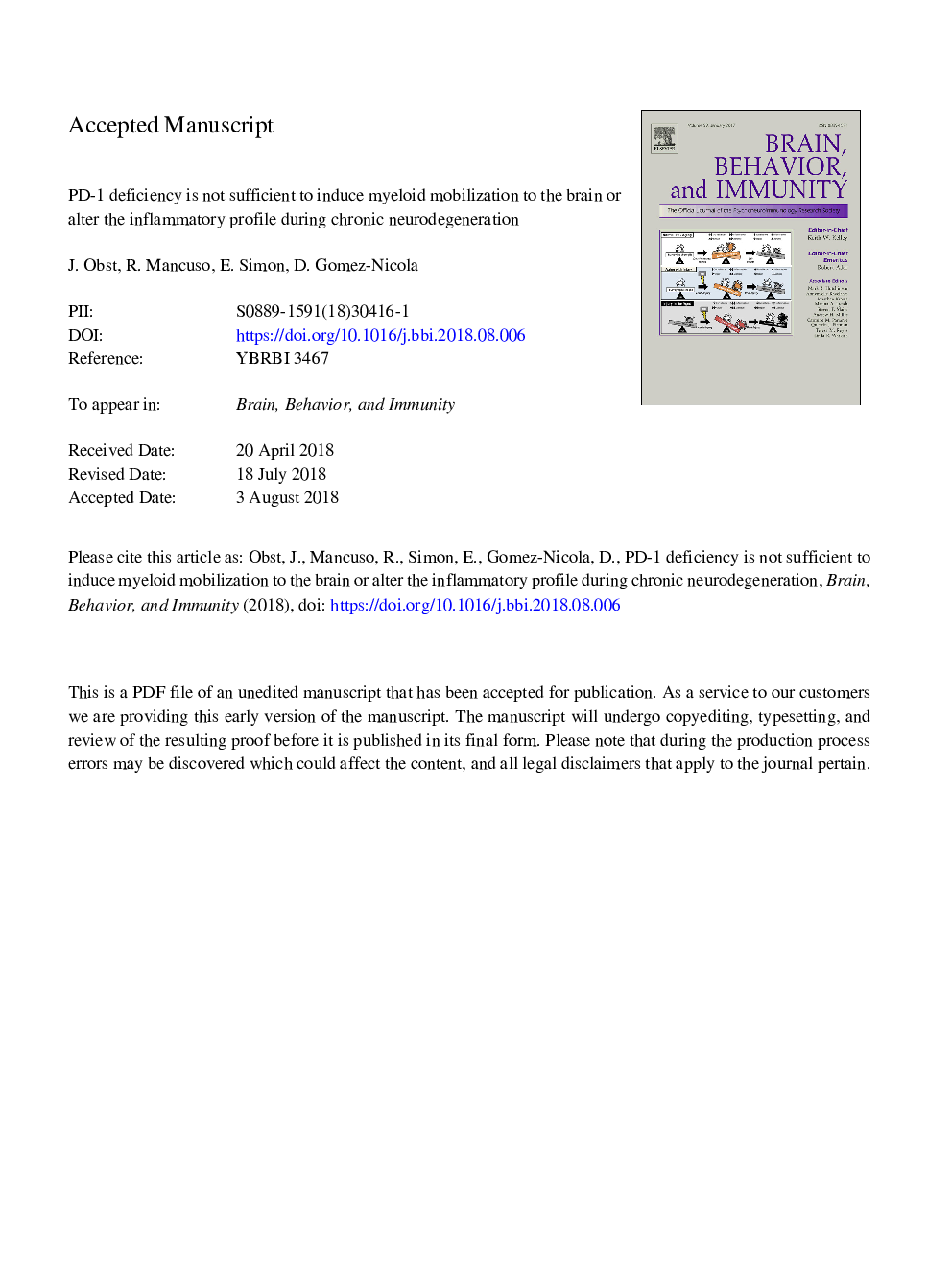 PD-1 deficiency is not sufficient to induce myeloid mobilization to the brain or alter the inflammatory profile during chronic neurodegeneration